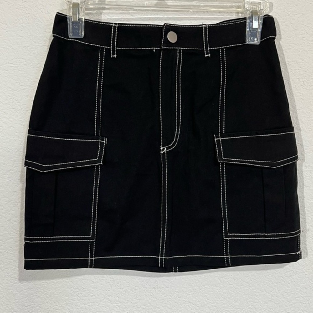 Hesperus Black Denim Mini Skirt White Stitching Side Pockets Cotton New Small